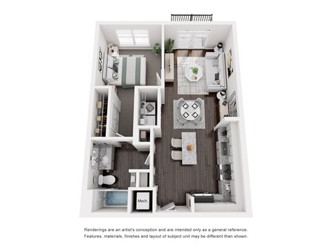 Floor plan for 1 bed, 1 bath, 769 sqft